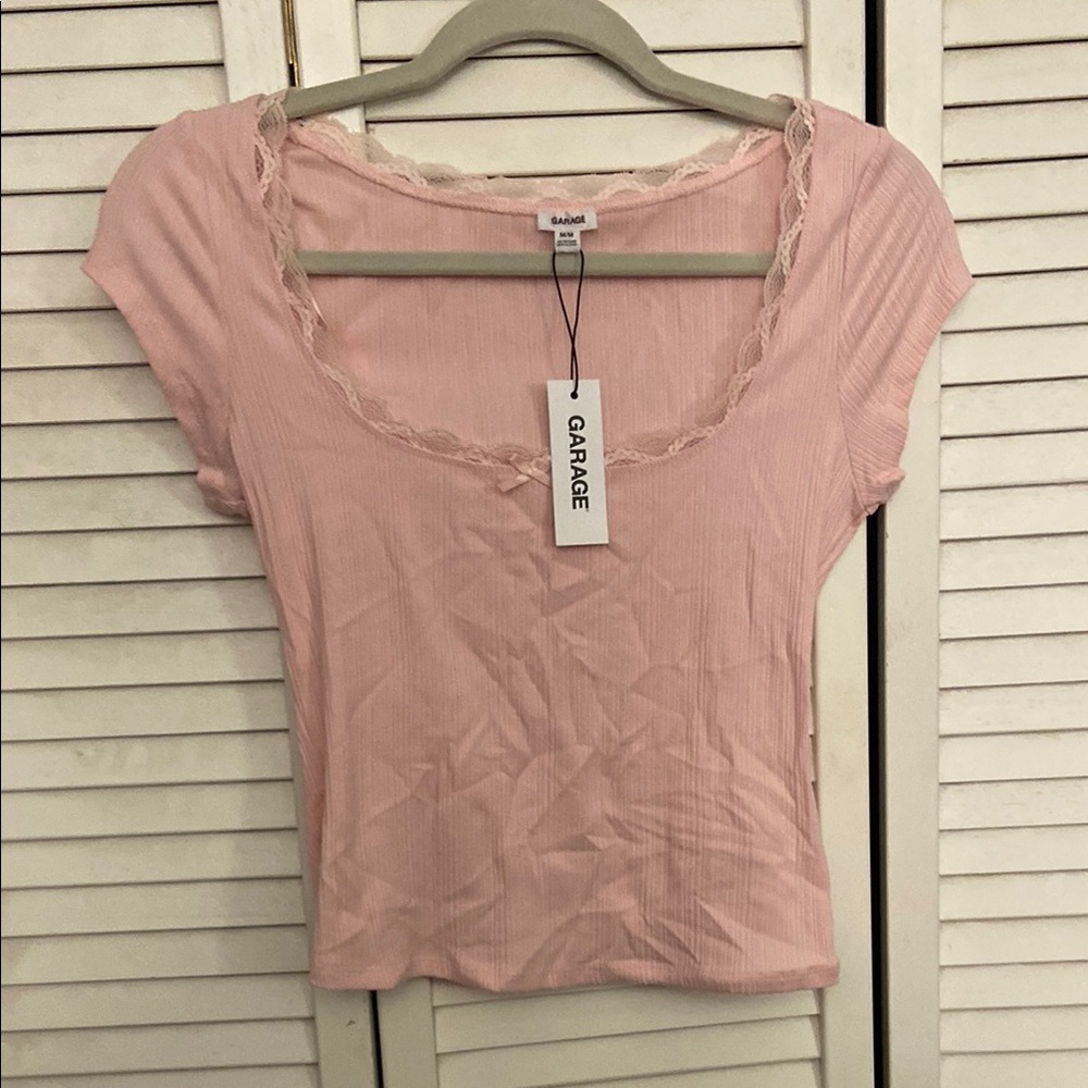Garage Light Pink Lace Trim Blouse